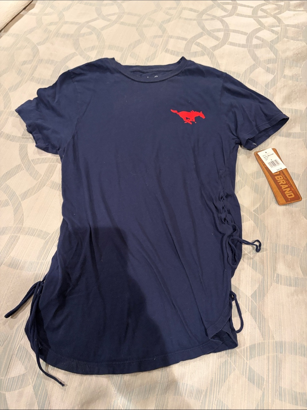 SMU women’s t-shirt.  Navy Short Sleeve Tee with Red Logo